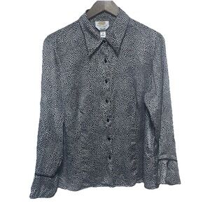 Talbots Blouse Womens 14W Petite Black Polka Dot Silk 3/4 Sleeve Button Front